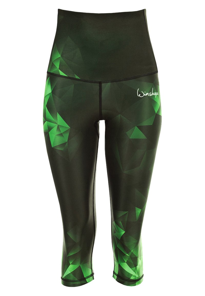 Hochtaillierte Sportleggings in Schwarz mit grünem geometrischem Muster, ausgestattet mit einer glatten Textur und verstärkten Nähdetails.