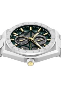 Reloj de acero inoxidable plateado con caja octagonal, esfera verde texturizada, acentos dorados y dos subesferas para mayor funcionalidad.