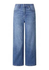 Jeans a vita alta, azzurri e larghi, con tasche frontali, passanti per cintura e chiusura con bottone.