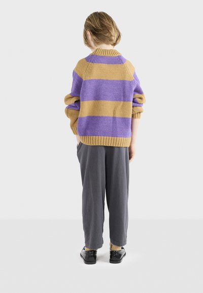 Maglione lavorato a maglia con righe verticali in beige e viola, colletto e polsini a costine. Abbinato a pantaloni grigi larghi e scarpe nere.