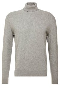 Pull à col roulé gris clair à manches longues en tissu maille doux avec poignets et ourlet côtelés, présenté sur un fond blanc uni.