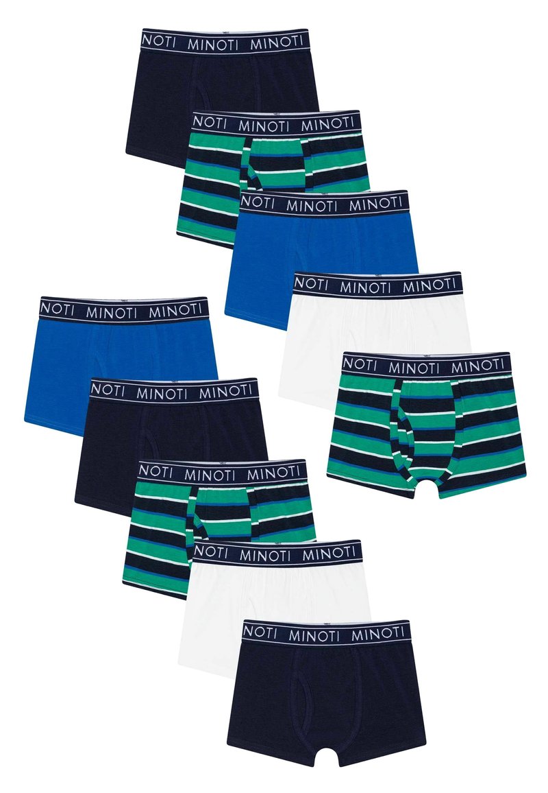 Lot de dix boxers de différentes couleurs : bleu marine, bleu, blanc et motif rayé avec des accents verts et bleu foncé. Ceinture élastique avec logo.