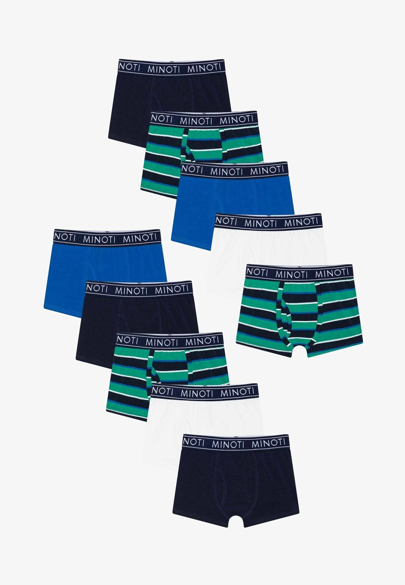 Lot de dix boxers de différentes couleurs : bleu marine, bleu, blanc et motif rayé avec des accents verts et bleu foncé. Ceinture élastique avec logo.