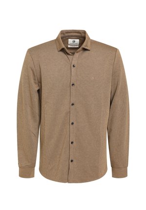 Bruin gestreepte blouse met lange mouwen en een kraag, zwarte knopen en een klein logo op de borst, gemaakt van textuurstof.