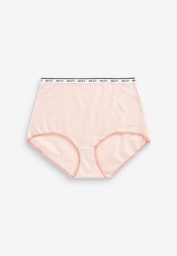 Mutandine alte in vita da donna di colore rosa chiaro con strisce bianche, dotate di una fascia elastica nera con l'etichetta 'NEXT' e una consistenza di tessuto morbido.