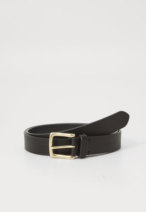 Black leather belt featuring a gold-toned double prong buckle, smooth texture, and a classic design with a tapered end.