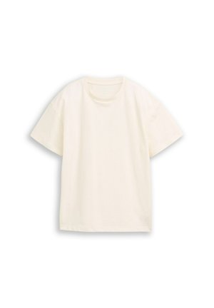 Eenvoudig crèmekleurig T-shirt met korte mouwen en een ronde halslijn, plat weergegeven op een witte achtergrond.