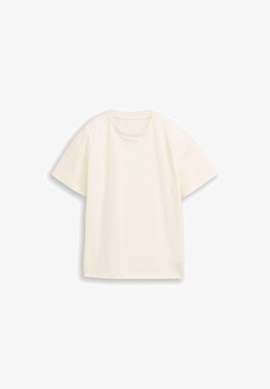 Tricou crem simplu cu mâneci scurte și decolteu rotund, prezentat aplatizat pe un fundal alb.