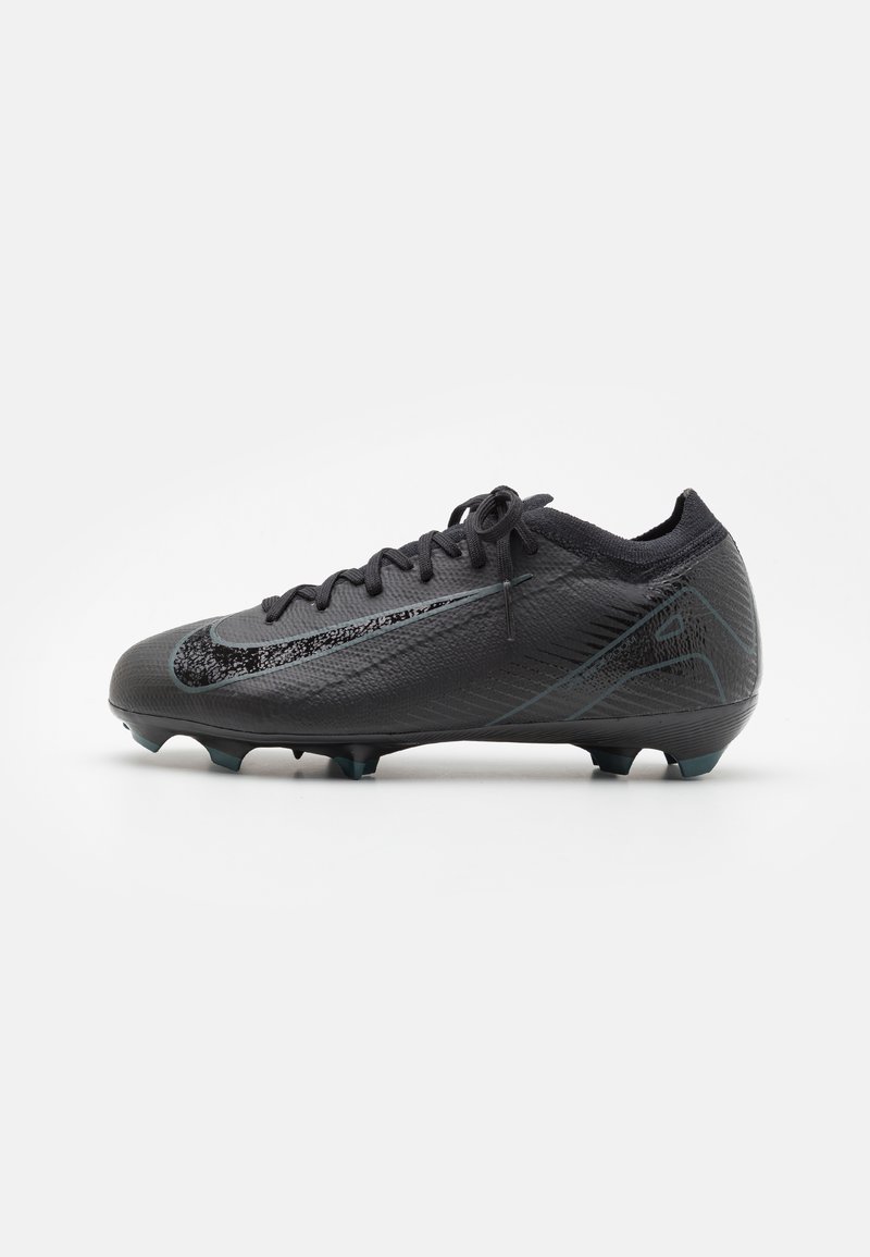 Black football boots with textured upper, sleek design, distinctive swoosh logo, and blue accents on the sole and side.