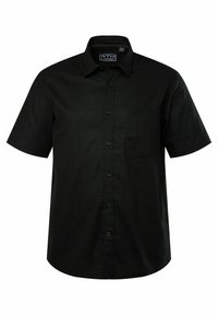 Camicia nera a maniche corte realizzata in tessuto liscio, con chiusura a bottoni, taschino sul lato sinistro del petto e un delicato dettaglio del logo ricamato.
