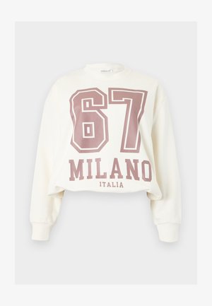 Valge pikkade varrukatega lühike dressipluus suure pronksika tooniga "67" ja "MILANO ITALIA" trükiga ees.