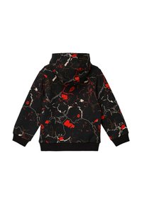 Schwarzer Kapuzenpullover mit einem mehrfarbigen abstrakten Marmor-Muster in rot, weiß und goldenen Akzenten. Weicher Stoff mit gerippten Bündchen.