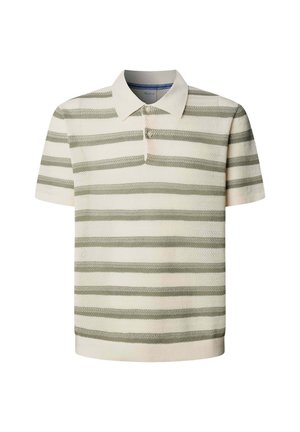 Polo a maniche corte in maglia con righe orizzontali beige e verde oliva chiaro e colletto con apertura a due bottoni.