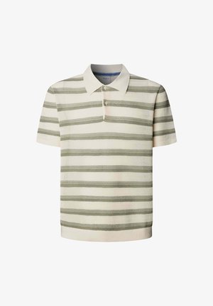 Polo a maniche corte in maglia con righe orizzontali beige e verde oliva chiaro e colletto con apertura a due bottoni.