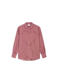 Gestreepte shirt in rode en roze stof, met een ruches hart ontwerp aan de voorkant, lange mouwen, knoopsluiting en een afgeronde zoom.