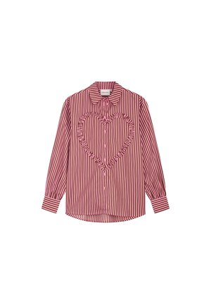 Gestreepte shirt in rode en roze stof, met een ruches hart ontwerp aan de voorkant, lange mouwen, knoopsluiting en een afgeronde zoom.