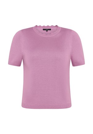 Rövid ujjú, levendulakék kötött pulóver hullámos, kerek nyakkivágással és testhezálló szegéllyel, 36-os méret, fehér háttéren bemutatva.