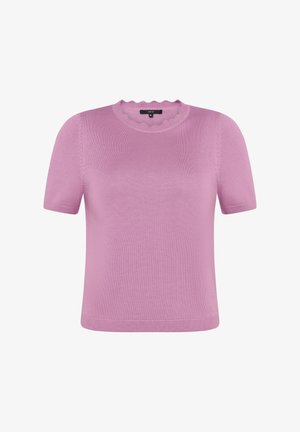 Rövid ujjú, levendulakék kötött pulóver hullámos, kerek nyakkivágással és testhezálló szegéllyel, 36-os méret, fehér háttéren bemutatva.