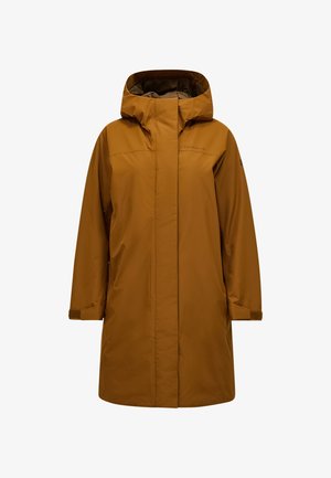 Rjava vodootporna jakna z kapuco, dolgimi rokavi in nastavljivimi manšetami. Enostaven dizajn z stranskimi žepi in ravnim krojem.