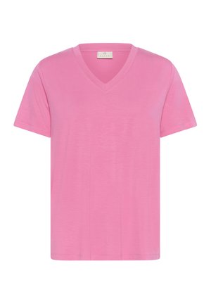 Tricou roz cu mâneci scurte și decolteu în V, realizat dintr-un material moale, cu croială lejeră și fără modele sau accente vizibile.