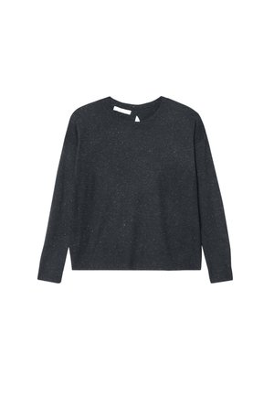 Pull en maille texturée de couleur gris foncé à manches longues avec un motif moucheté. Il possède un col rond et un ourlet droit.