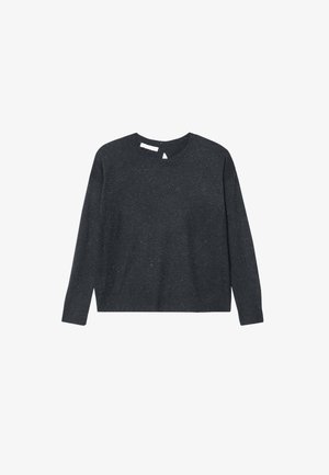 Pull en maille texturée de couleur gris foncé à manches longues avec un motif moucheté. Il possède un col rond et un ourlet droit.