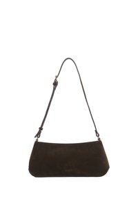 Brązowa torba na ramię z zamszu o zakrzywionym kształcie, pojedynczym regulowanym paskiem i minimalistycznym designie. Charakteryzuje się gładką teksturą i brakiem widocznych elementów metalowych.