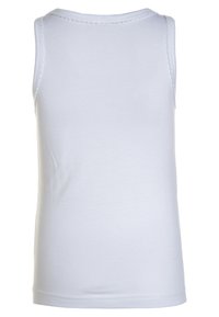 White cotton tank top with a smooth texture, rounded neckline, and narrow straps. Features simple stitching along the edges.