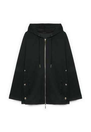 Schwarze Kapuzenjacke mit Reißverschluss, Kordelzügen und Druckknöpfen an den Seiten, ausgestattet mit langen Ärmeln und Vordertaschen.