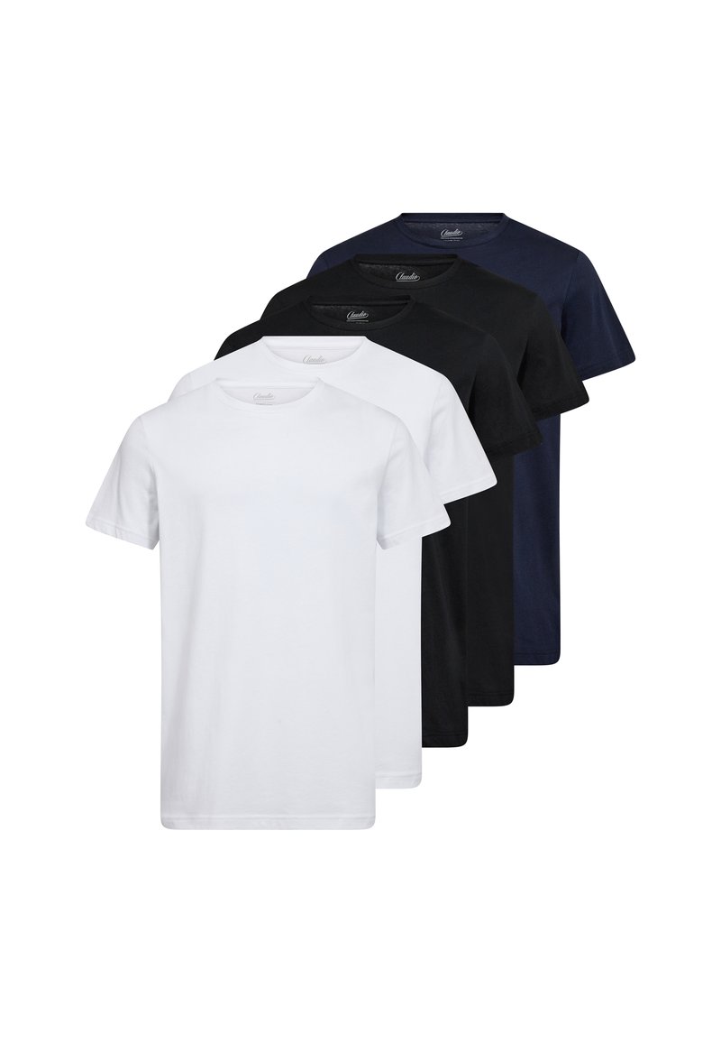 Sæt af fem bomulds t-shirts: en hvid, to sorte, en marineblå. Klassisk rund hals, korte ærmer, glat tekstur og uden synlige mønstre.