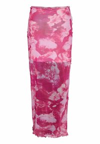 Duga uska suknja s ružičastim i bijelim apstraktnim tie-dye uzorkom i lagano naboranim rubom.