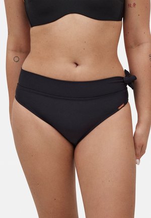 Bikini inferior negro de tiro alto, hecho de tejido de baño texturizado, que presenta un detalle de nudo en el lado y costuras en contraste para un diseño añadido.
