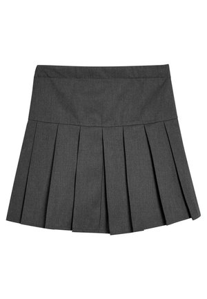 Mini-jupe plissée gris foncé avec une large ceinture, présentant des plis plats régulièrement espacés autour de la partie inférieure.