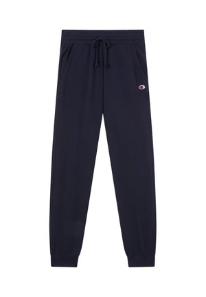 Pantalones jogger azul marino con cinturilla elástica, cordón ajustable, bolsillos laterales, puños acanalados y logo de Champion en el muslo izquierdo.