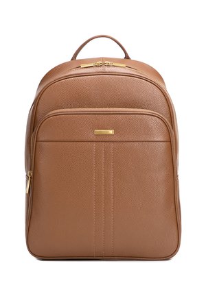 Brown textured leather backpack with front zip pocket, gold zippers, and a top handle.