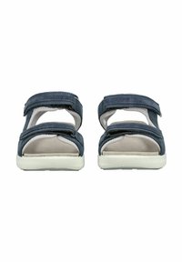 Granatowe sandały z podwójnymi regulowanymi paskami na rzep, miękką beżową wyściółką i białą gumową podeszwą. Otwarta konstrukcja zapewniająca wentylację.