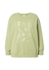 Felpa in cotone verde chiaro con maniche lunghe, caratterizzata da un'illustrazione botanica bianca e dalla parola "PURE" in lettere maiuscole sul davanti.
