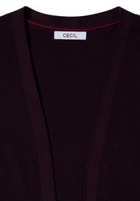 Cardigan en maille côtelée violet foncé avec un devant ouvert et une étiquette blanche indiquant le nom de la marque Cecil à l'intérieur du col.