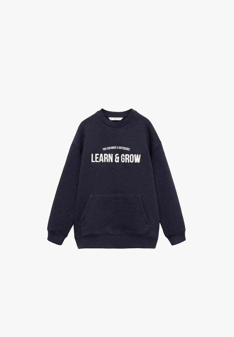 Sweat à capuche bleu marine en mélange de coton, avec un col ras du cou, des manches longues et une poche avant. Le texte indique "APPRENDRE & GRANDIR" en blanc.