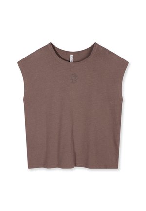 Top corto marrone senza maniche con scollo rotondo e piccolo logo ricamato centrato sotto il colletto.