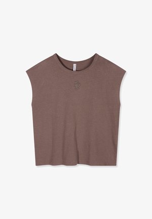 Top corto marrone senza maniche con scollo rotondo e piccolo logo ricamato centrato sotto il colletto.