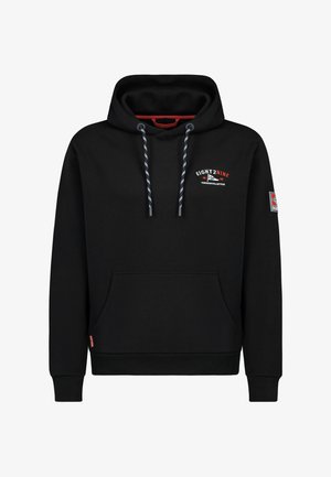 Schwarzer Hoodie mit Fronttasche, schwarz-weißen Kordeln, "EIGHT2NINE Vintage Collection" Logo auf der Brust und Markenpatch am linken Ärmel.