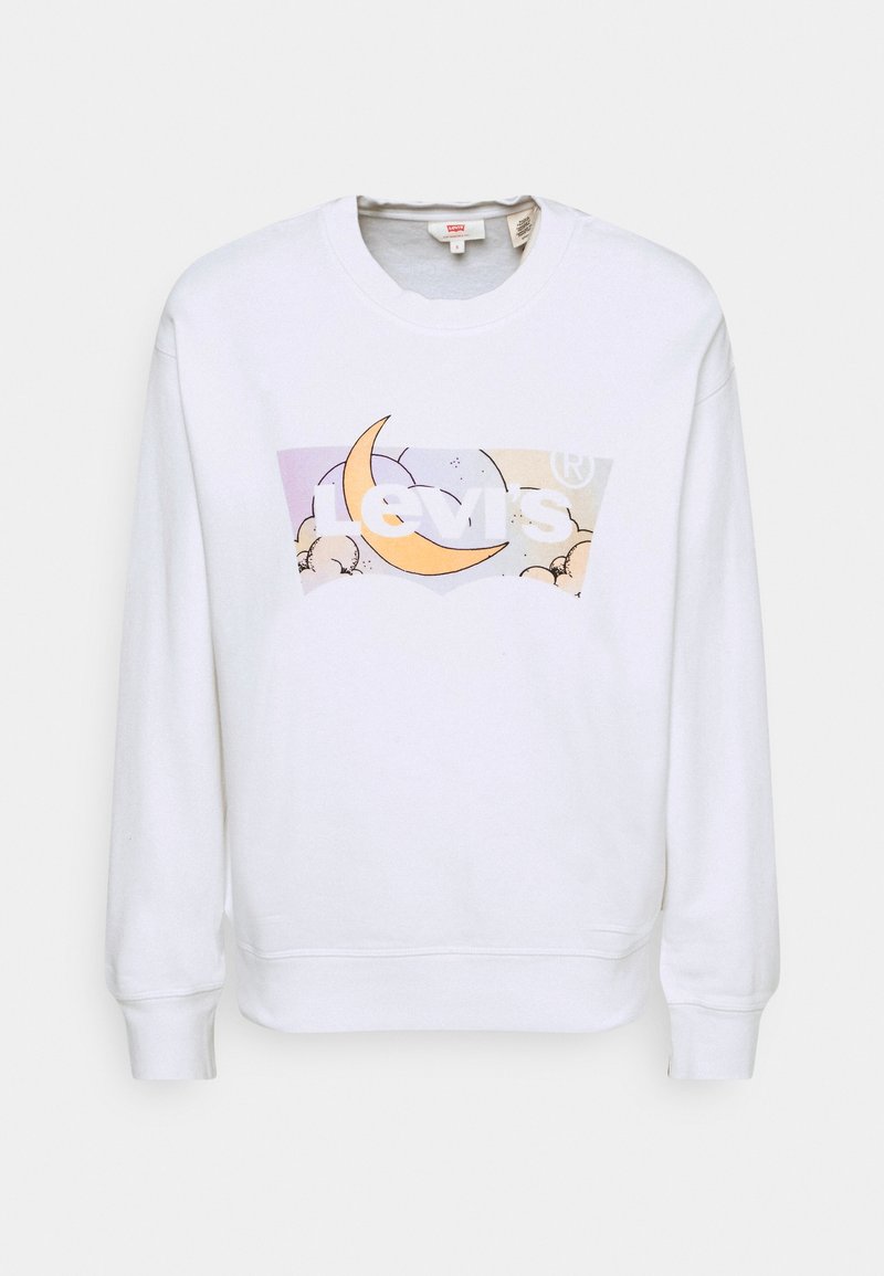 Sudadera blanca con un diseño gráfico de una luna creciente y nubes. Los puños y el dobladillo acanalados ofrecen un acabado ajustado. Textura de tela suave.