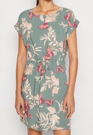Floral dress with short sleeves, teal background, pink and burgundy butterfly and leaf patterns, cinched waist, and relaxed fit.