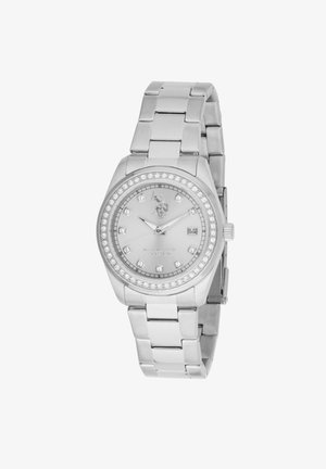 Silver metal watch with a round face, studded with clear crystals, featuring a date display and a linked bracelet strap.