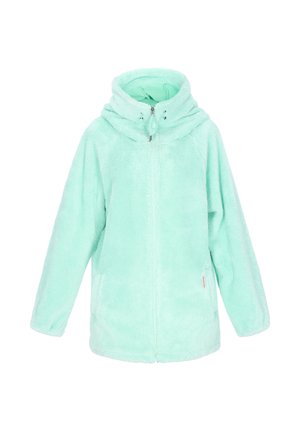 Giacca in pile verde menta con colletto alto, zip integrale e tasche laterali; texture morbida con fodera interna liscia.