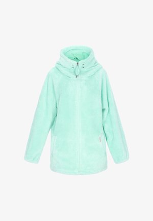 Mintgrøn fleecejakke med høj krave, fuld lynlås og sidelommer; blød tekstur med en glat indvendig foring.