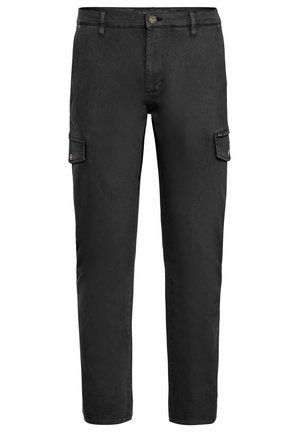 Black cargo pants made of durable fabric, featuring side pockets, button closure, and a straight leg design.