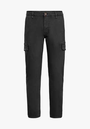 Zwarte cargobroek van duurzaam materiaal, met zijzakken, knoopsluiting en een rechte pijpontwerp.