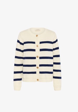 Cream cardigan with navy stripes, round neckline, and five golden buttons. Knit texture, ribbed cuffs, and hem with decorative stitching.